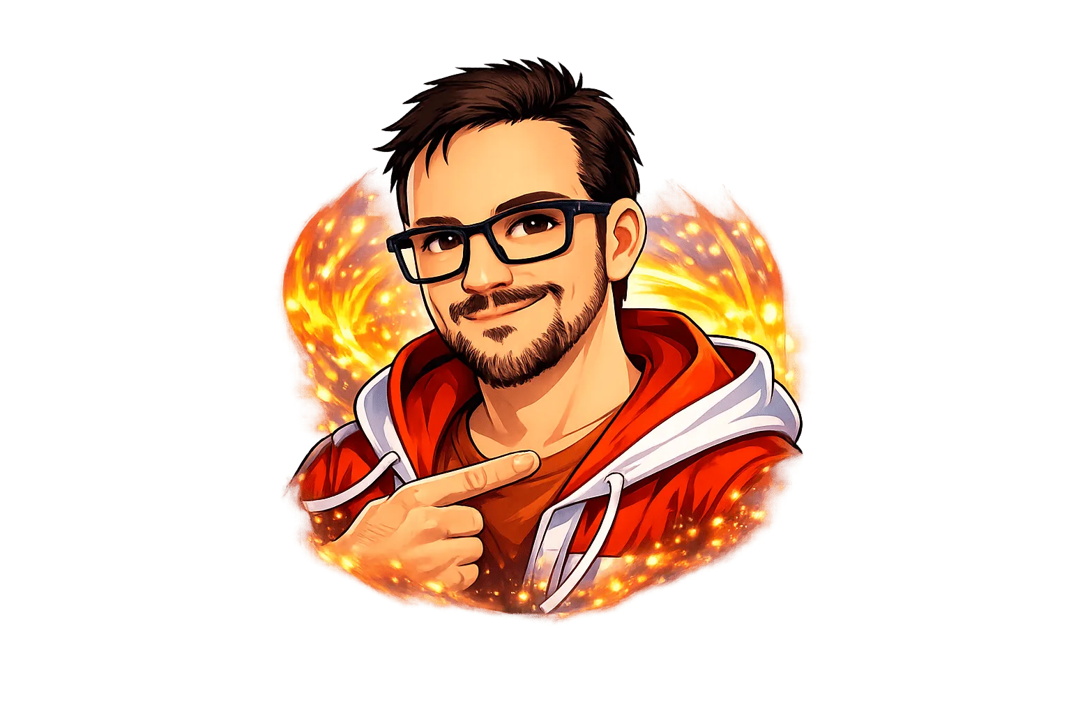 Avatar illustré de David L’Infernal, lunettes et sweat rouge, entouré de flammes